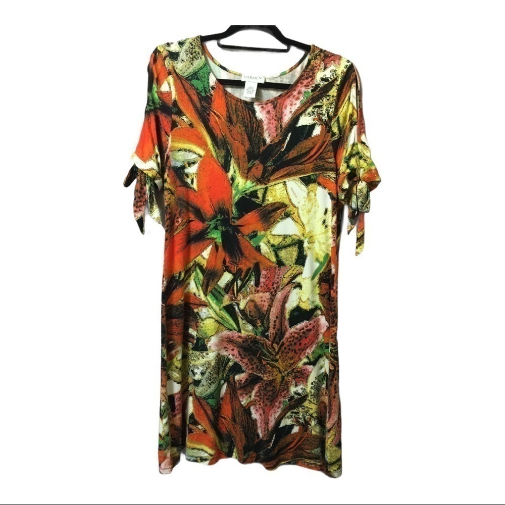 CARMEN double cold shoulder red/green/yellow tropical floral knit dress coastal